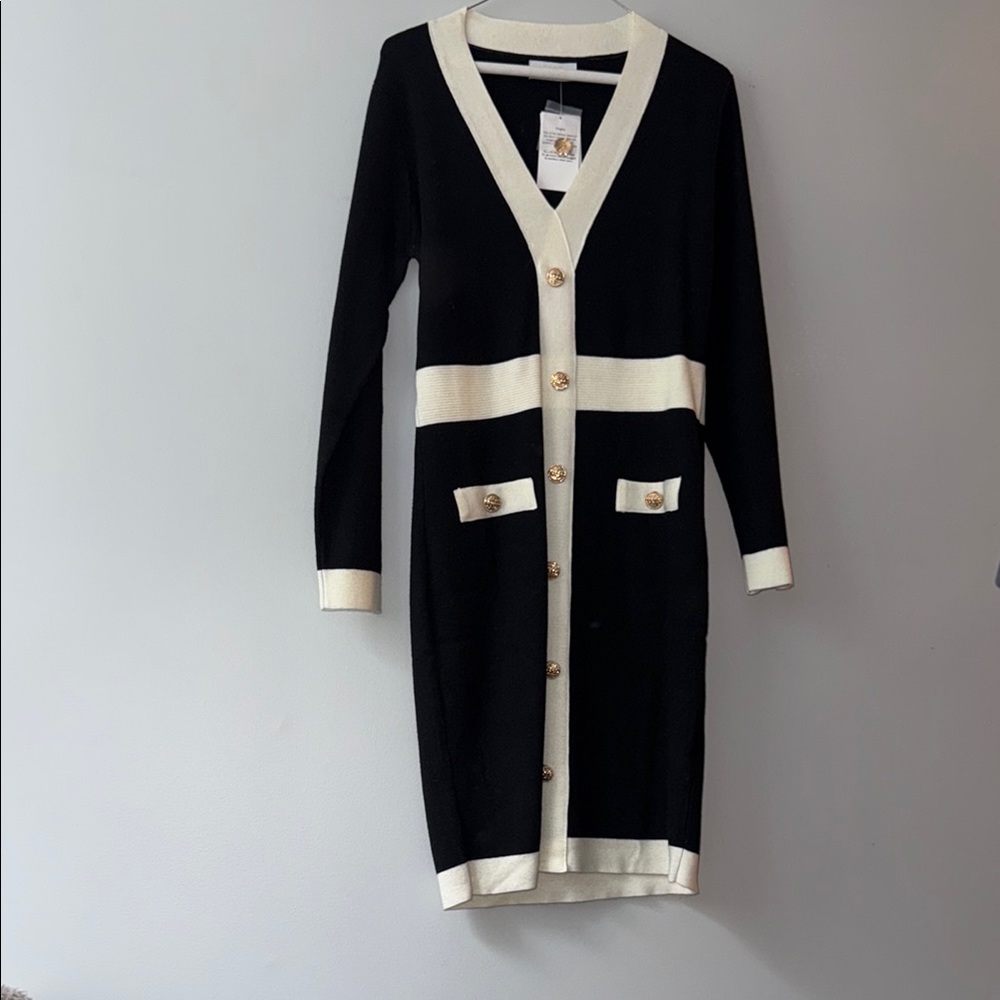 Black and Cream Long Knit Sweater Dress with Gold Buttons